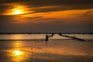 mare con livello dell'acqua basso, fattoria di conchiglie con bambù essiccato e argilla la sera con cielo arancione e nuvole. bellissimo tramonto nel mare tropicale. foto