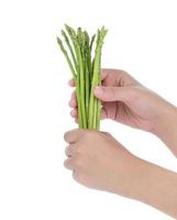 mano femminile che tiene gli asparagi freschi isolati su fondo bianco
