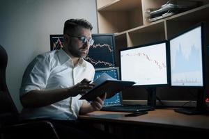 imprenditore adulto serio concentrato. uomo barbuto in camicia bianca lavora in ufficio con più schermi di computer nei grafici indice foto