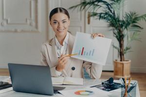 economista femminile che spiega il rapporto finanziario durante la videochiamata foto