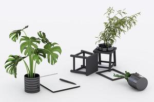 carta a4 capovolta con appunti neri, pianta in vaso, cactus, cornice e penna su sfondo pastello. rendering 3D foto