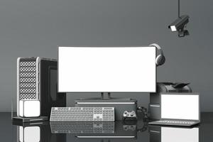 computer e schermo bianco loptop con tanti gadget su tavola in tono pastello. rendering 3D foto