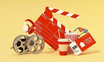 il concetto di guardare film online a casa. crapperboard circondato da apparecchiature cinematografiche, biglietti cinematografici, bobine di film, cineprese popcorn e bevande isolate su sfondo rendering 3d foto