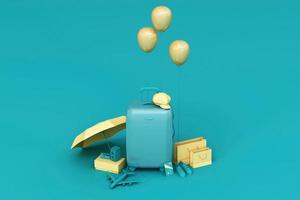 valigia con accessori da viaggio su sfondo pastello. concetto di viaggio. rendering 3D foto