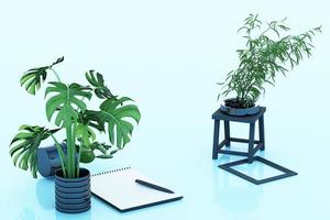 carta a4 capovolta con appunti neri, pianta in vaso, cactus, cornice e penna su sfondo pastello. rendering 3D foto