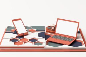 laptop, smartphone e cuffie con il concetto di tecnologia composizione astratta di piattaforme di forme geometriche in colore pastello. rendering 3D foto