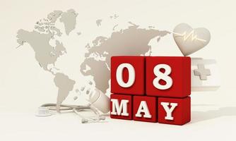 8 maggio, simbolo della croce rossa mondiale con globo su sfondo bianco e persone di carta rossa, alberi bassi in tutto il mondo, croce rossa mondiale e giornata della mezzaluna rossa, assicurazione. rendering 3d realistico foto
