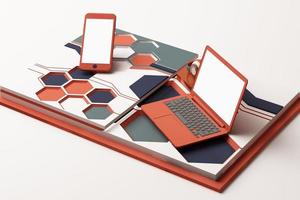 laptop, smartphone e cuffie con il concetto di tecnologia composizione astratta di piattaforme di forme geometriche in colore pastello. rendering 3D foto