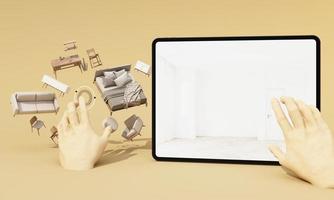 concetto di realtà aumentata. usa la tua mano per selezionare i mobili per lo shopping online. con un'applicazione ar utilizzata per simulare mobili e prodotti di design in interni vuoti e moderni rendering 3d realistici foto