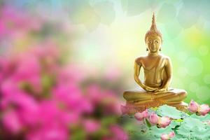statua di Buddha. sfondo sfocato fiori e cielo con la luce del sole.makha bucha day.vesak day.asanha bucha.buddista prestato. foto