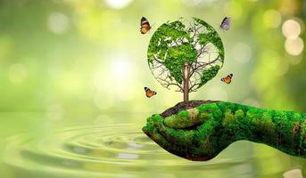 concetto salva il mondo salva ambiente il mondo è nell'erba dello sfondo verde bokeh foto