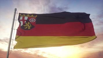 bandiera della renania-palatinato, germania, che sventola nel vento, cielo e sole sullo sfondo. rendering 3D foto