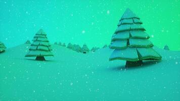 buon natale e felice anno nuovo saluto sfondo. paesaggio invernale con neve e alberi di natale. rendering 3D foto