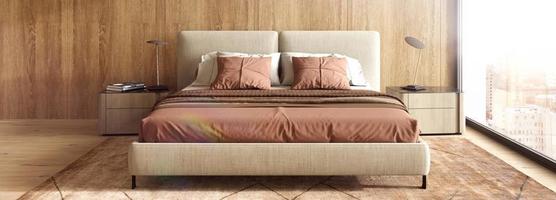 Design moderno degli interni della camera da letto in stile scandinavo e giapponese con letto color terracotta, pannelli in legno su pareti e pavimento. illustrazione di rendering 3d. foto
