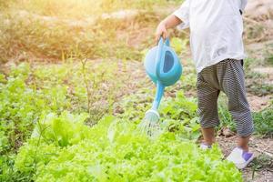 bambina che innaffia albero con annaffiatoio foto