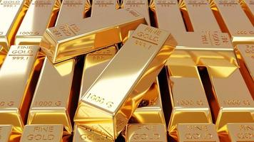 investimento d'oro commercio d'oro, idee di affari bancari spettacolo 3D di un sacco di lingotti d'oro lucenti un tesoro di ricchezza e investimenti per il futuro. foto