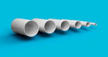 raccordo per tubi in pvc bianco, tubi in pvc di diverse dimensioni isolati su sfondo blu illustrazione 3d foto