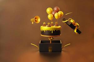 torta dorata nella confezione regalo nera e un simpatico palloncino e megafono su sfondo marrone per biglietto di auguri e illustrazione 3d della pubblicità foto