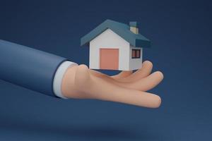 casa che tiene la mano, la mano dà casa. noleggio o locazione di una casa concept.3d rendering illustrazione. foto