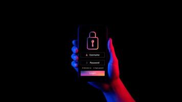 concetto di sicurezza informatica e privacy per proteggere i dati, icona del lucchetto. login e password, maniglia del telefono cellulare digitale isolata su nero, banner di sicurezza informatica foto