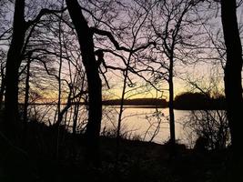 un lago al tramonto con sagome di alberi. foto