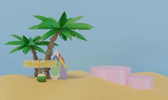modello di vendita estiva di rendering 3d con insegna di vendita estiva, tavola da surf, giovane cocco e palma. concetto di vacanza sull'isola foto
