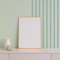 poster verticale in legno moderno e minimalista o mockup di cornice per foto sul tavolo del soggiorno. rendering 3D.