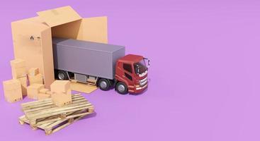 Il camion di rendering 3d sta uscendo dalla scatola marrone, dal concetto di logistica e consegna, la grande scatola marrone lo fa sembrare un magazzino circondato da camion, pallet e scatola foto