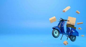 Servizio di consegna di rendering 3d in moto, logistica del servizio, consegna cibo autista di scooter moto con scatola marrone foto