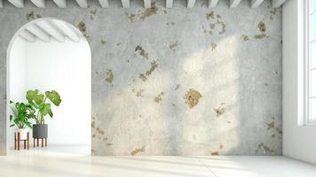 stanza vuota soppalcata minimalista con pareti in cemento stagionato e pavimento in legno e piante verdi interne. rendering 3D foto