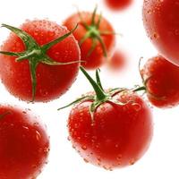 pomodori rossi levitano su uno sfondo bianco foto