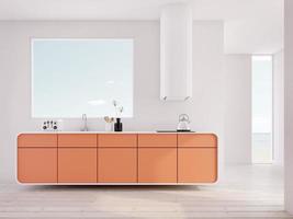 moderna cucina bianca vicino alla finestra e vista mare all'esterno con pavimento in legno, controsoffitti con armadi di colore beige, set di attrezzature da cucina.rendering 3d foto