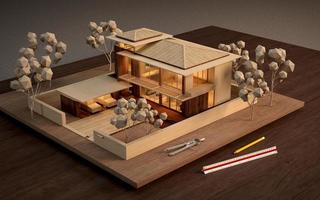 modello architettonico con scala su tavola di legno.rendering 3d foto