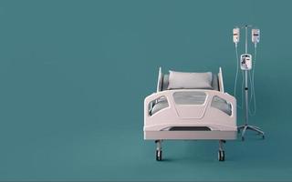vista frontale del letto d'ospedale isolato su sfondo blu.concetto per l'assicurazione.rendering 3d foto