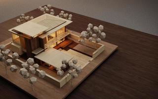 modello architettonico su tavola di legno.rendering 3d foto