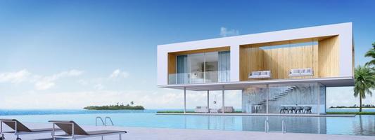 lussuosa casa sulla spiaggia con piscina vista mare e terrazza dal design moderno, sedie a sdraio sul pavimento della casa vacanza. Rendering 3d foto