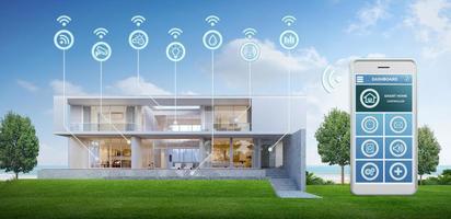 moderna casa intelligente. casa intelligente connessa e controllata con dispositivi tecnologici tramite rete Internet. Rendering 3d foto