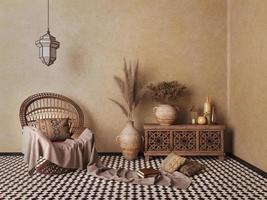 interni in stile arabo e islamico. sedia in rattan, tavolo, lampada, vasi di fiori secchi con parete marrone e piastrelle per pavimento modellate. rendering 3d foto