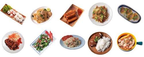 cibo tailandese impostato su sfondo bianco.raccolta di piatti alimentari foto