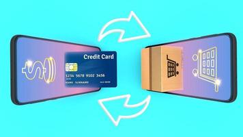 il pacchetto e la carta di credito vengono visualizzati dallo schermo dello smartphone., concetto di e-commerce flat e shopping online., rendering 3d. foto