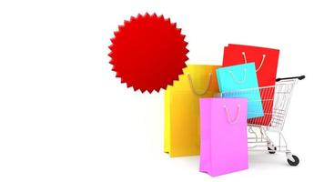 sacchetti di carta colorati sul carrello con sfondo bianco., amante dello shopping o concetto di shopping, rendering 3d. foto