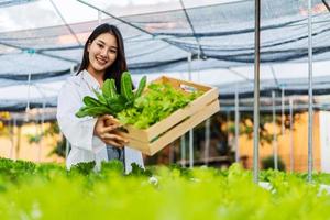 donna scienziato asiatico che tiene una scatola di legno con insalata biologica di verdure da coltura idroponica mentre lavora all'interno di una grande fattoria, ottenendo verdure biologiche di cui il mercato ha bisogno. foto