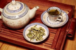 servizio da tè cinese, con foglie di tè verde foto