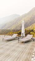 sfondo di una terrazza relax all'aperto minima e di una panca con divano con vista sulle montagne, rendering di illustrazioni 3d foto