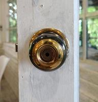 porta in legno bianco, pomolo inox oro antico foto