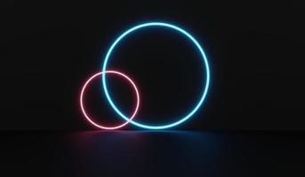 stanza di fantascienza vuota con cerchio e tubo al neon viola blu luce incandescente su sfondo scuro astratto concetto tecnologico, rendering 3d, illustrazione foto