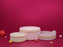 Rendering 3d, sfondo minimo di visualizzazione del prodotto, forma geometrica rosa pastello, podio geometrico, palline colorate, sfondo rosso. foto