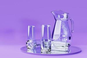 un decanter e un bicchiere per latte, acqua o succo su uno sfondo viola isolato. illustrazione 3d foto