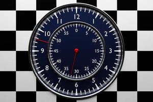 Illustrazione 3d di orologio rotondo nero, cronometro su sfondo a scacchi bianco e nero. icona del cronometro, logo. cronometro, timer vintage foto