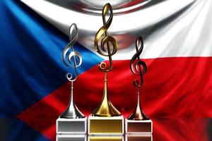 premi a chiave di violino per aver vinto il premio musicale sullo sfondo della bandiera nazionale ceca, illustrazione 3d. foto